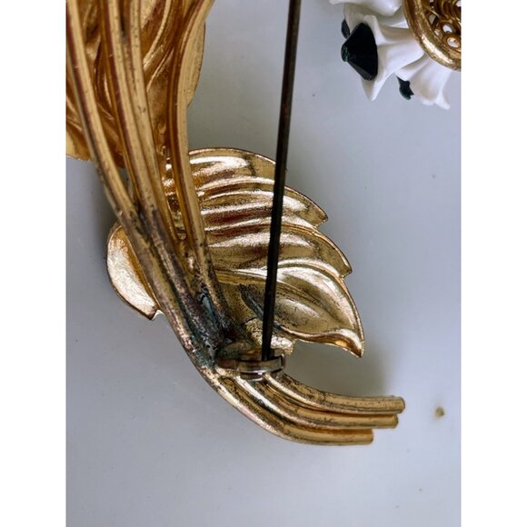 Vintage 1950s Metal Flower Brooch Porcelain Glass Bead Accents - Picture 7 of 11